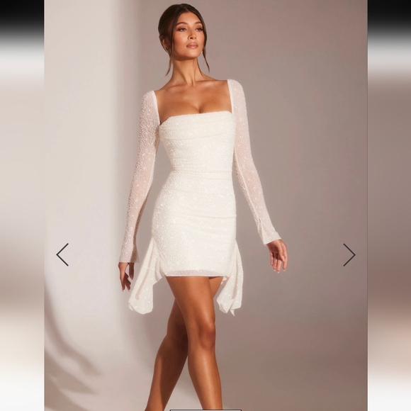 NWT Oh Polly Ferrara Long Sleeve Embellished Cowl Neck Mini White Dress Size 4 - Picture 1 of 8